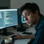 Programador exhausto trabajando tarde en una oficina con múltiples monitores, reflejando la tensión y el cansancio por la privación del sueño.