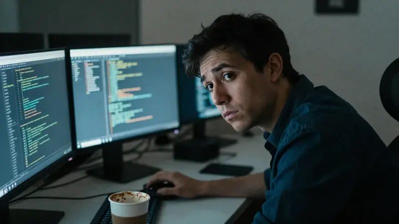 Programador exhausto trabajando tarde en una oficina con múltiples monitores, reflejando la tensión y el cansancio por la privación del sueño.