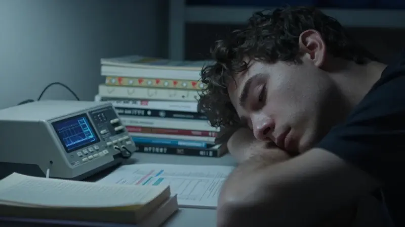 Joven exhausto en una habitación estudiantil con libros y un electroencefalógrafo antiguo, evocando la experimentación científica sobre la privación del sueño.