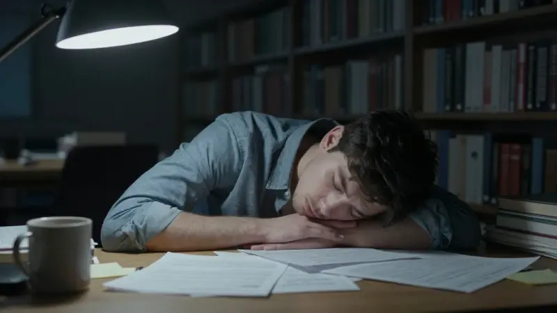 Joven exhausto, inclinado sobre un escritorio lleno de papeles científicos en una biblioteca tenuemente iluminada, con estanterías borrosas al fondo.