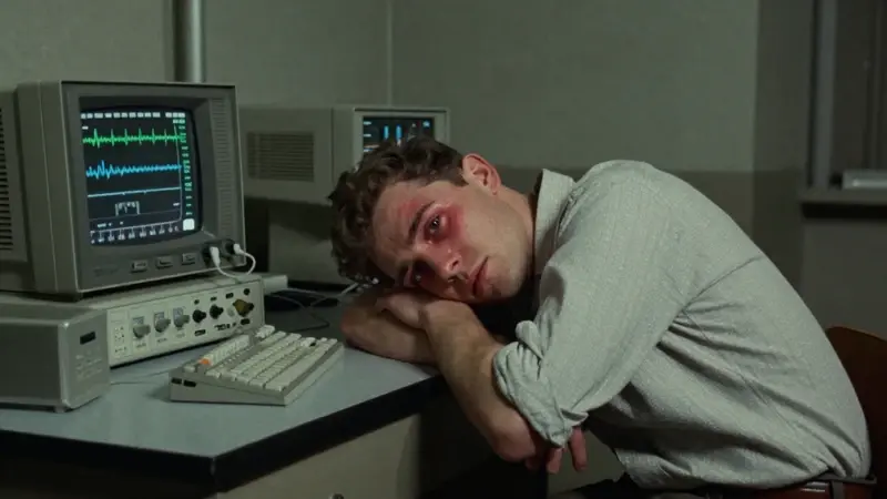 Joven exhausto, con los ojos enrojecidos, desplomado en una silla dentro de un laboratorio de los años 60, rodeado de instrumentos científicos y una máquina EEG mostrando ondas cerebrales.