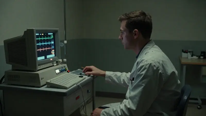 Randy Gardner conectado a un electroencefalograma en un hospital en 1964, mientras un médico observa preocupado durante un experimento sobre la privación de sueño.