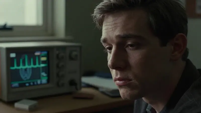 Retrato de un joven exhausto en una dormitoria de Stanford en los años 60, rodeado de equipo EEG y con patrones de ondas cerebrales en un osciloscopio, reflejando el experimento sobre la privación del sueño de Randy Gardner.