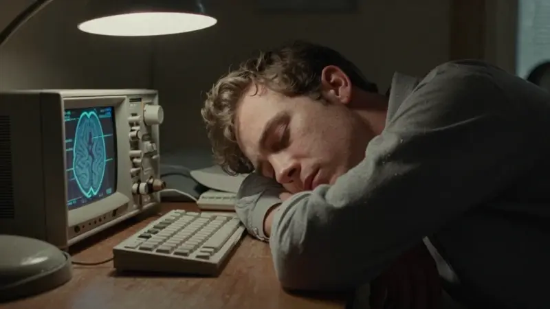 Joven exhausto en un dormitorio universitario de la década de 1960, rodeado de equipo EEG y con un electroencefalograma mostrando patrones de ondas cerebrales. Ambiente melancólico y tenue que refleja privación de sueño.
