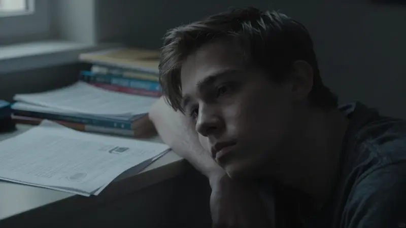 Joven exhausto en su dormitorio, rodeado de libros y apuntes científicos, posiblemente estudiando hasta altas horas de la noche. Ambiente melancólico y tenue.