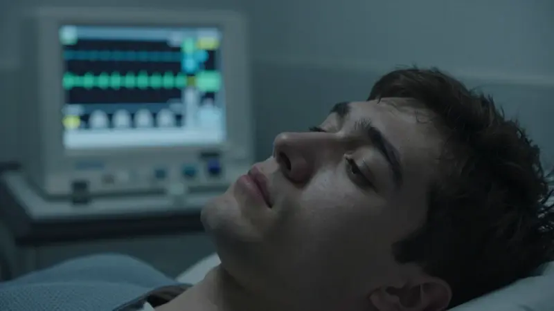 Joven exhausto en un laboratorio del sueño, con un electroencefalograma borroso de fondo. Atmósfera científica y tenue iluminación.