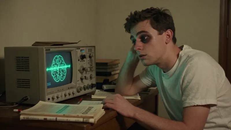 Joven exhausto en un dormitorio desordenado de 1964, con un osciloscopio mostrando ondas cerebrales y un rostro con ojeras por la privación del sueño, estudio académico.