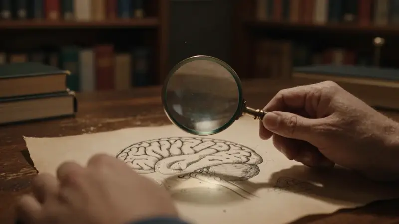 Manos sostienen una lupa sobre una ilustración anatómica del cerebro, en un ambiente de estudio antiguo con estanterías llenas de libros.