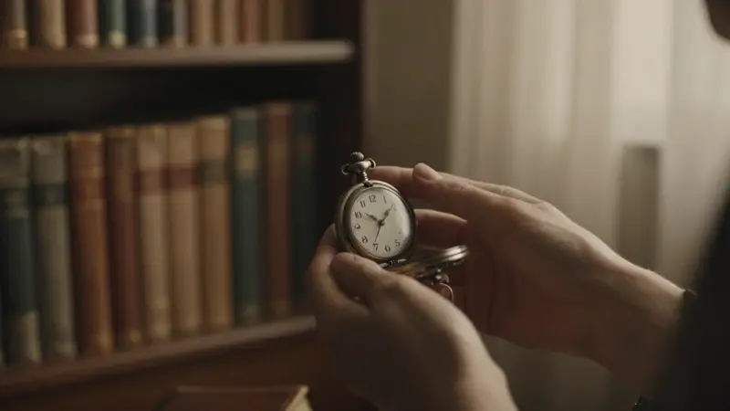 Manos sosteniendo un delicado reloj de bolsillo antiguo en un estudio con estanterías llenas de libros. Ambiente íntimo y reflexivo.
