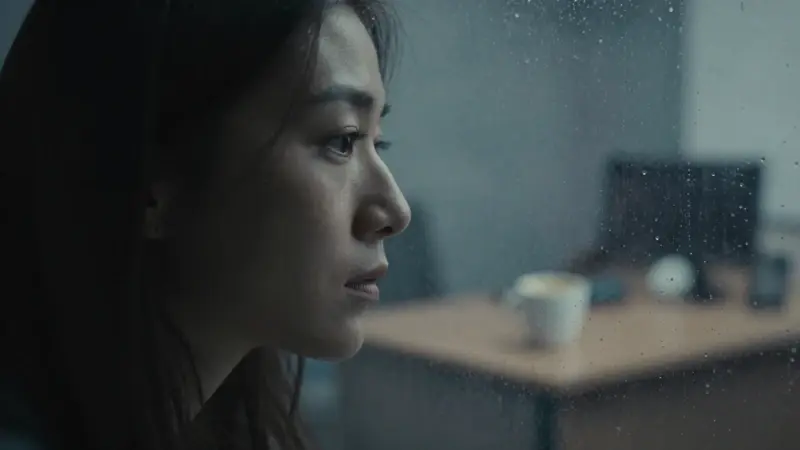 Mujer mirando su reflejo borroso en una ventana lluviosa, con una expresión pensativa y un ambiente melancólico, en un interior tenuemente iluminado.
