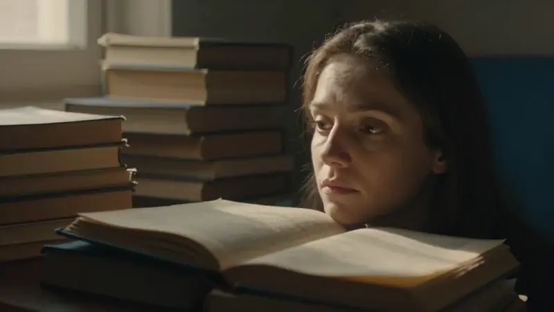 Primer plano de una mujer pensativa en un estudio con libros abiertos, iluminado por luz dorada. Ambiente sereno y introspectivo.