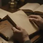 Manos sosteniendo delicadamente un diario de sueños antiguo sobre un escritorio de madera lleno de libros y una lupa.
