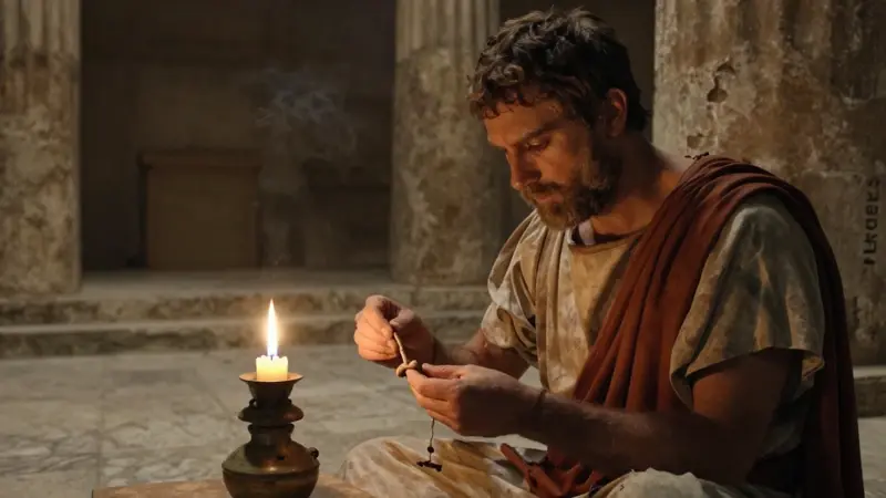 Augur romano examinando entrañas de animales a la luz de una vela en un templo antiguo, buscando interpretación divina en las sombras.