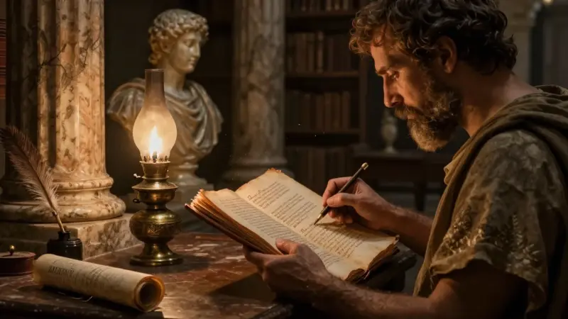 Estudio de un diario de sueños en una antigua biblioteca romana, con columnas de mármol y rollos de papiro iluminados por una lámpara de aceite.