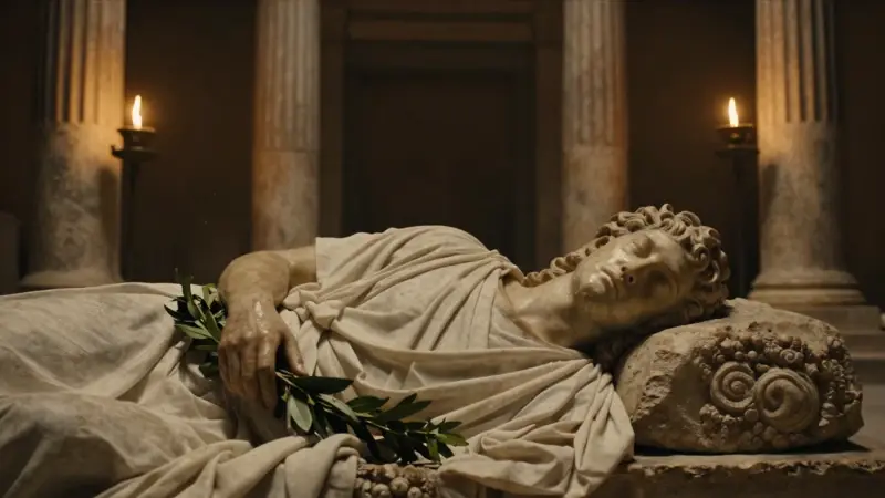 Interior de un templo romano antiguo con una figura dormida vestida con una toga blanca, sosteniendo una corona de laurel. Ambiente sereno e iluminado por lámparas de aceite.