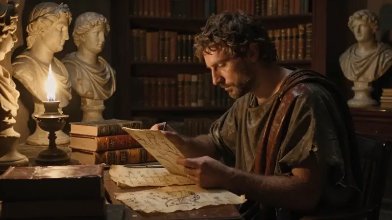 Un erudito romano cataloga meticulosamente interpretaciones de sueños en tablillas de cera dentro de una antigua biblioteca, iluminada tenuemente por lámparas de aceite.