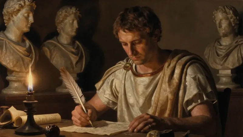 Augur romano en estudio, concentrado en la interpretación de sueños con ayuda de rollos y tablillas de cera, bajo la luz de una lámpara de aceite.