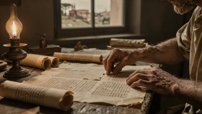 Manos de un erudito romano descifrando inscripciones en mármol fragmentado en un estudio antiguo, con la colina Palatina visible a través de una ventana.