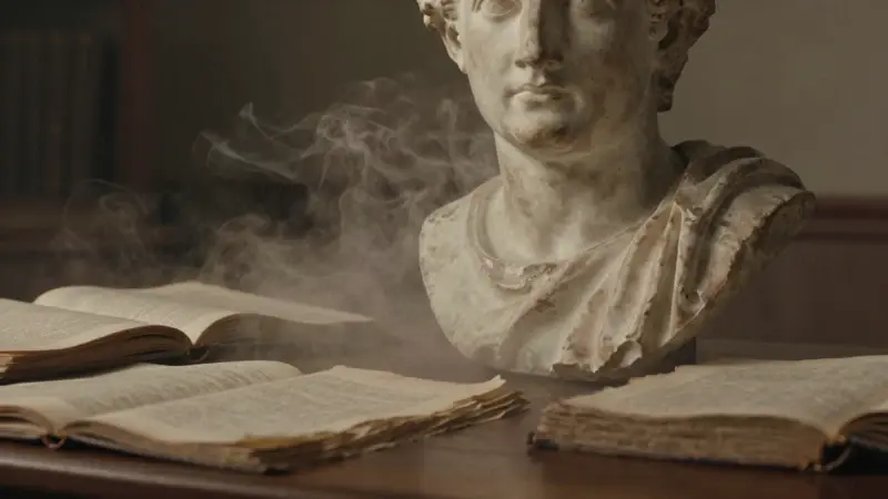 Busto romano antiguo parcialmente oculto por humo, sobre una mesa de madera oscura con libros y pergaminos antiguos.