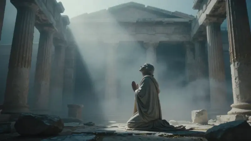 Ruinas de un templo griego envueltas en niebla, con una figura solitaria arrodillada en oración.