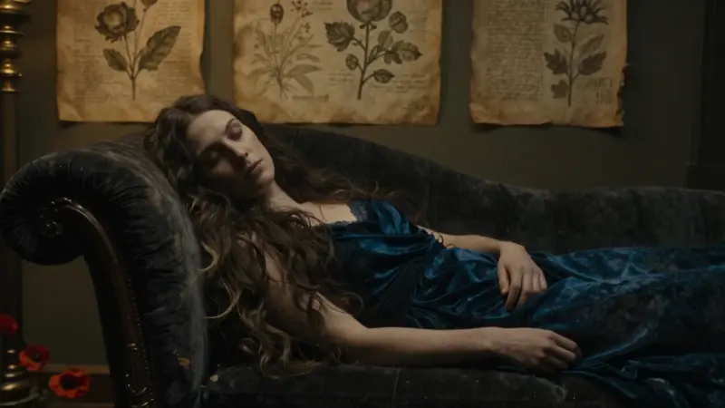 Hipnos, dios griego del sueño, reclinado en un chaise lounge de terciopelo oscuro, en un estudio antiguo con rollos y dibujos botánicos. Ambiente melancólico y tenue iluminación.
