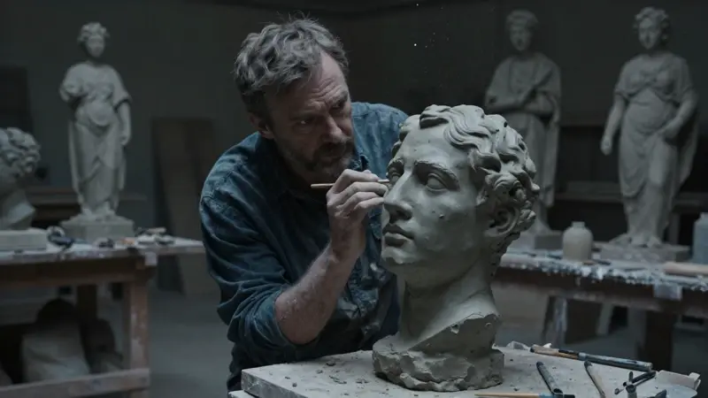 Escultor de mediana edad trabajando en una cabeza de arcilla con rasgos distorsionados en un taller lleno de esculturas inacabadas, iluminado tenuemente con tonos grises y azules.