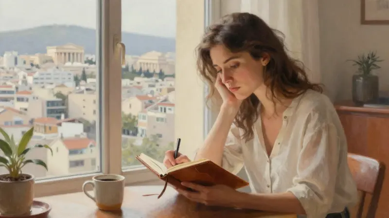 Mujer joven escribiendo en un diario en un apartamento moderno con vistas a Atenas, con luz tenue y una atmósfera pensativa.