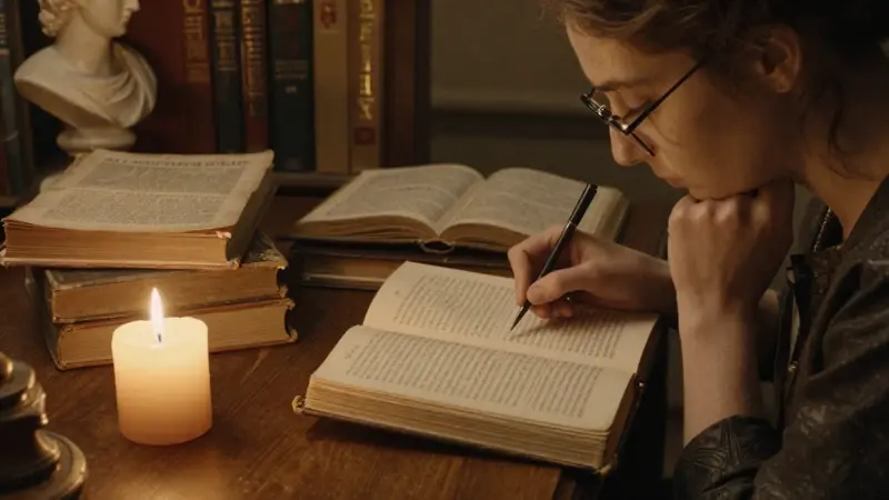 Mujer estudiando un diario de sueños en una antigua biblioteca con textos griegos y luz de velas, evocando un ambiente de reflexión y estudio.