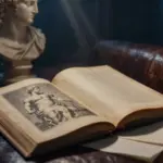 Estudio tenuemente iluminado con un libro abierto mostrando una ilustración de escultura griega clásica, rodeado de notas de un diario de sueños.