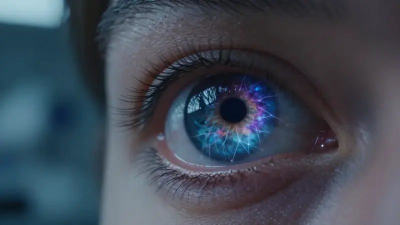 Ojo humano reflejando una nebulosa arremolinada, con una visualización de red neuronal superpuesta en la iris y un fondo de laboratorio tenuemente iluminado.