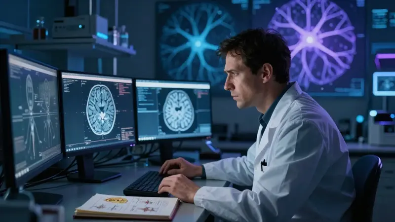 Neurocientífico analizando escaneos cerebrales en un laboratorio de investigación tenuemente iluminado, rodeado de proyecciones de vías neuronales brillantes.