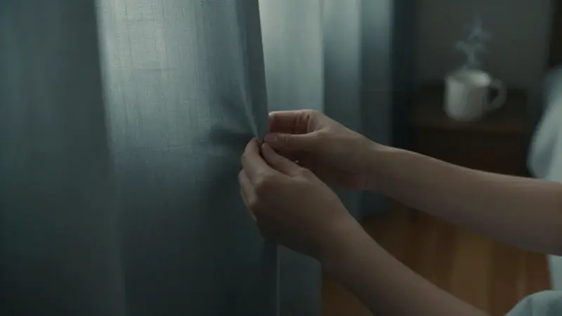Manos ajustando suavemente una cortina opaca en un dormitorio con luz tenue, creando un ambiente sereno para el descanso.