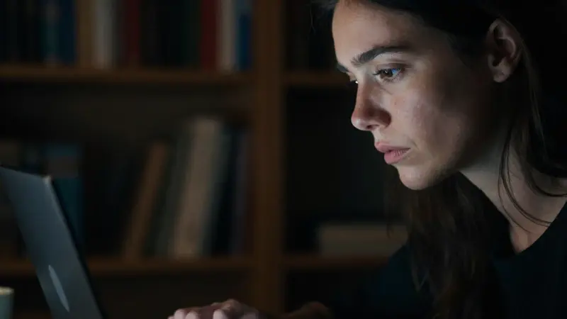 Mujer pensativa frente a un portátil en un estudio con estanterías iluminadas tenuemente, creando una atmósfera de reflexión sobre el sueño.