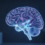 Escaneo cerebral iluminado mostrando actividad neuronal en un laboratorio oscuro, con equipo científico desenfocado al fondo.