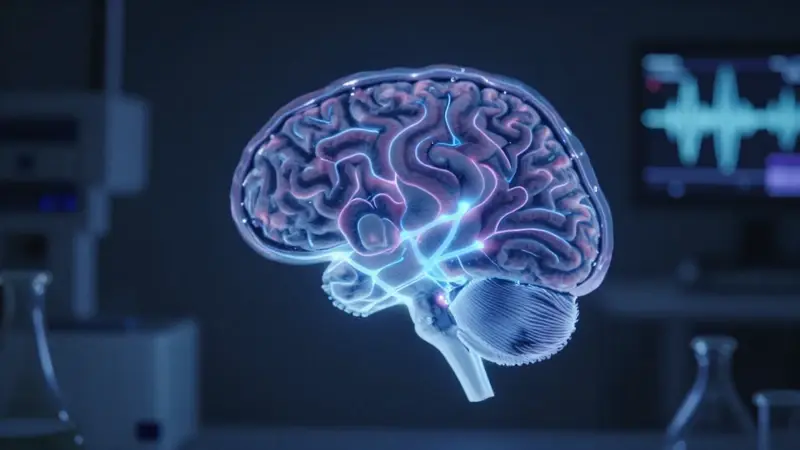 Escaneo cerebral iluminado mostrando actividad neuronal en un laboratorio oscuro, con equipo científico desenfocado al fondo.