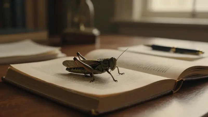Un saltamontes detallado posado sobre una página abierta de un libro de psicología antigua, en un estudio tenuemente iluminado con luz dorada.