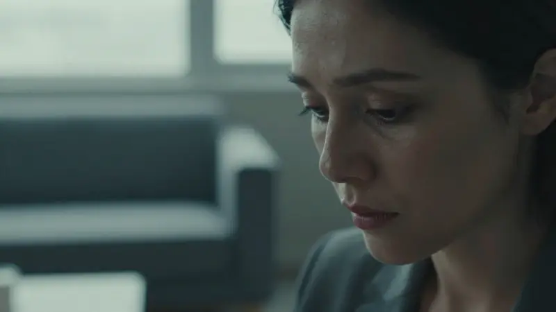 Mujer pensativa mirando hacia abajo en un consultorio, con un diván de psicoterapeuta desenfocado al fondo.