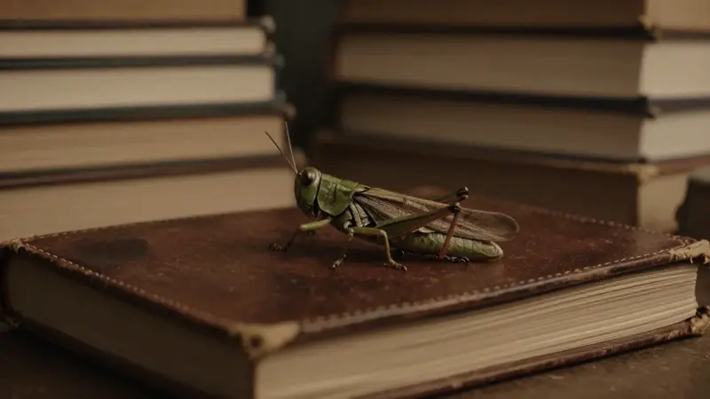 Saltamontes verde sobre un diario de sueños de cuero desgastado, con libros antiguos y ambiente melancólico en una habitación tenuemente iluminada.