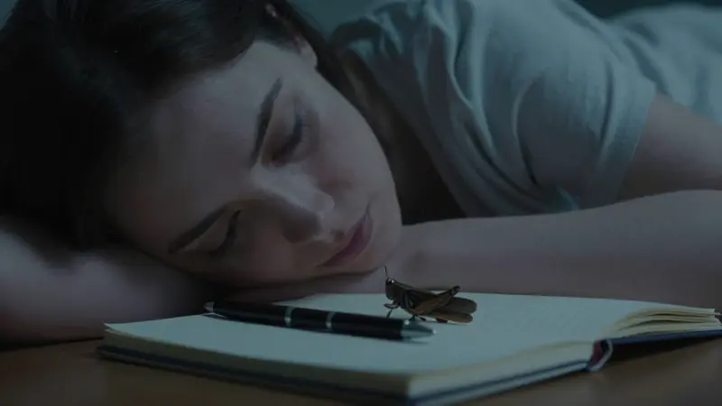 Mujer pensativa en su dormitorio, con un saltamontes posado sobre un cuaderno y pluma en la mesita de noche.