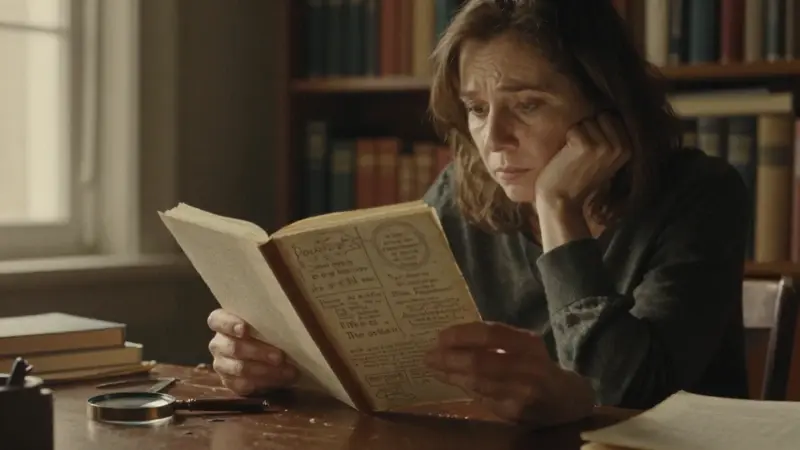 Mujer de mediana edad examinando un diario de sueños en un estudio con estanterías llenas de libros, bajo una luz tenue y cálida.