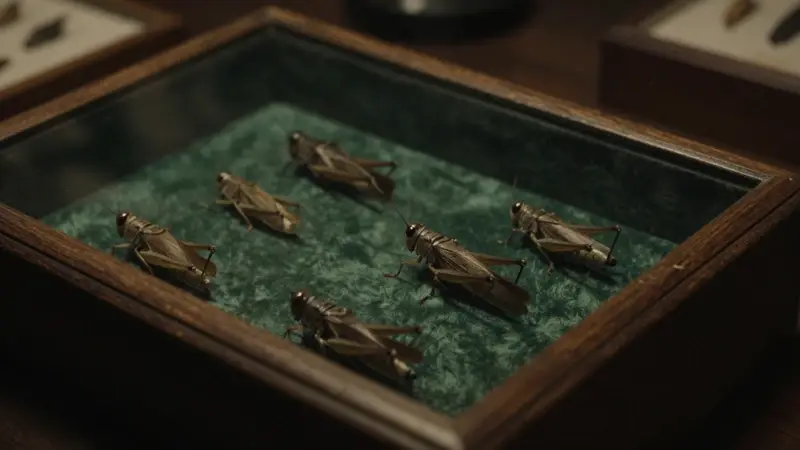Primer plano de una vitrina de entomología antigua con saltamontes preservados, iluminada tenuemente en un interior de museo.
