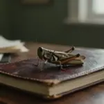 Saltamontes realista sobre un diario de sueños antiguo en un estudio tenuemente iluminado.