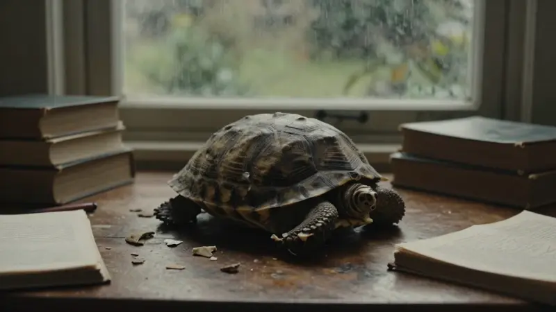 Fragmentos de caparazón de tortuga antigua sobre un escritorio de madera desgastada en un estudio tenuemente iluminado, rodeado de libros y diarios de sueños.