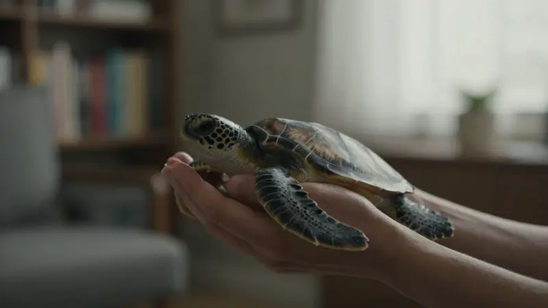 Manos sosteniendo delicadamente una pequeña tortuga marina en un entorno que recuerda a un consultorio terapéutico con estanterías borrosas al fondo.