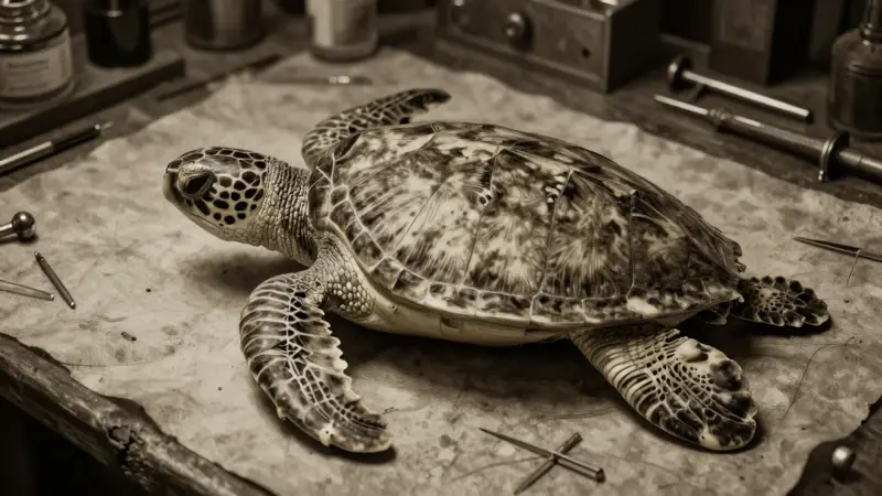 Esqueleto de tortuga marina en una ilustración anatómica antigua, con instrumentos científicos y fondo de mesa de disección en un laboratorio vintage.