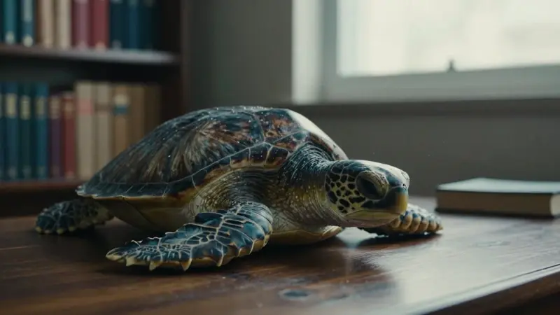 Caparazón de tortuga marina antigua y desgastada sobre un escritorio de madera oscura en un consultorio, con estanterías borrosas de libros de psicología al fondo.