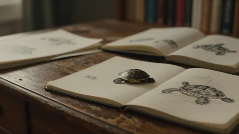 Fragmento de caparazón de tortuga sobre un escritorio antiguo rodeado de cuadernos con bocetos de tortugas, en un ambiente de estudio tenue y melancólico.
