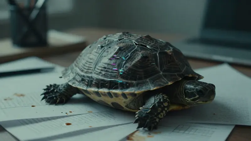 Concha de tortuga fracturada con efectos de glitch digital, sobre páginas de diario de sueños manchadas de café, en un ambiente melancólico y poco iluminado.