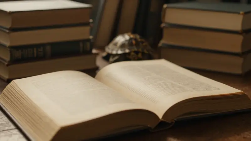 Libro abierto con páginas envejecidas en un estudio tenuemente iluminado, rodeado de libros antiguos y con una caparazón de tortuga visible entre ellos.