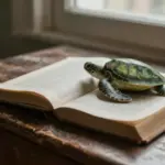 Caparazón de tortuga marina sobre un libro de psicología abierto y antiguo escritorio de madera, con luz tenue y ambiente introspectivo.